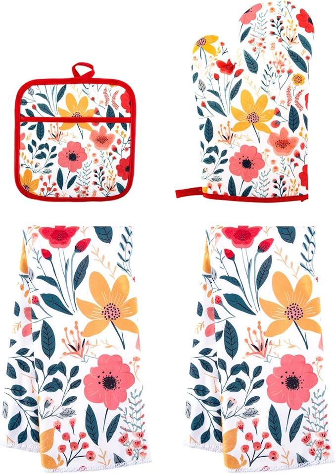 4 Pcs Kitchen Stuff, Wild Floral Kitchen Oven Mitts, Pot Holders Sets by Qchengsan