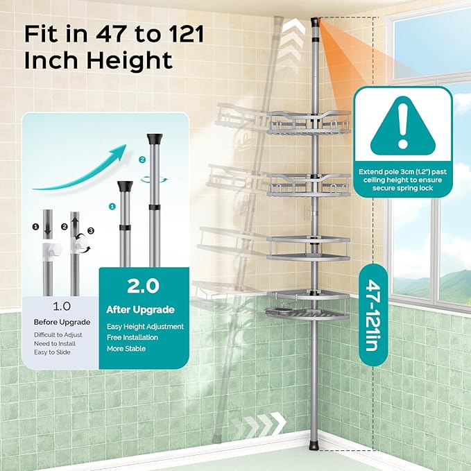 HAMITOR Corner Shower Caddy Tension Pole: Rustproof 4-Tier Bathroom Organizer