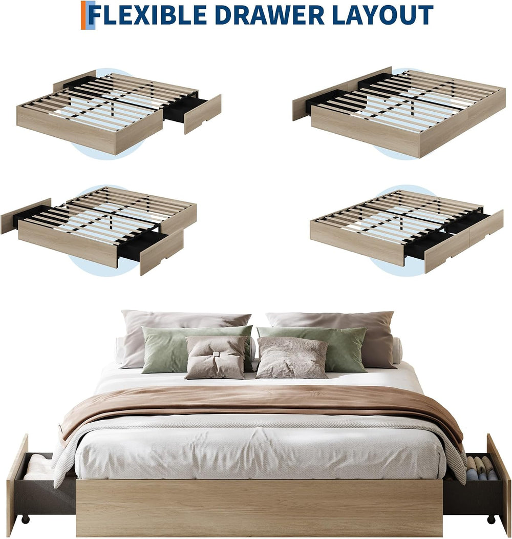 IDEALHOUSE Full Bed Frame with 2 Storage Drawers,Wooden Floor Bed Frame