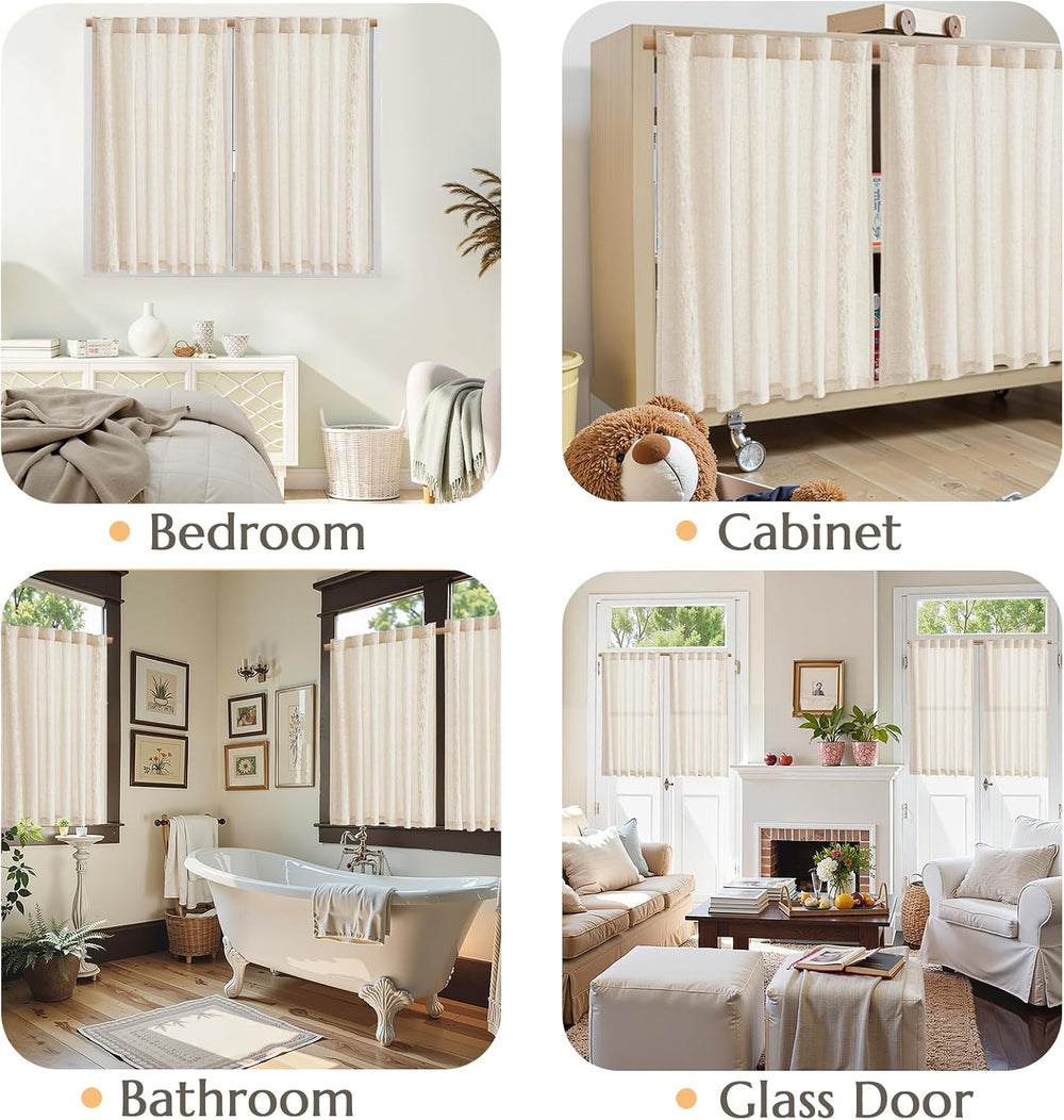jinchan Ivory Floral Linen Kitchen Tier Curtains Back Tab 54×54 2 Panels