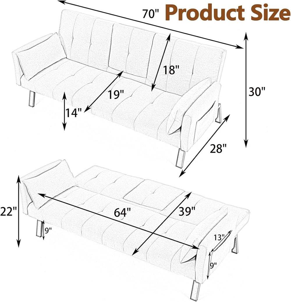 72" Cotton Linen Futon Couch Living Room Couch Bed Convertible Sleeper S...