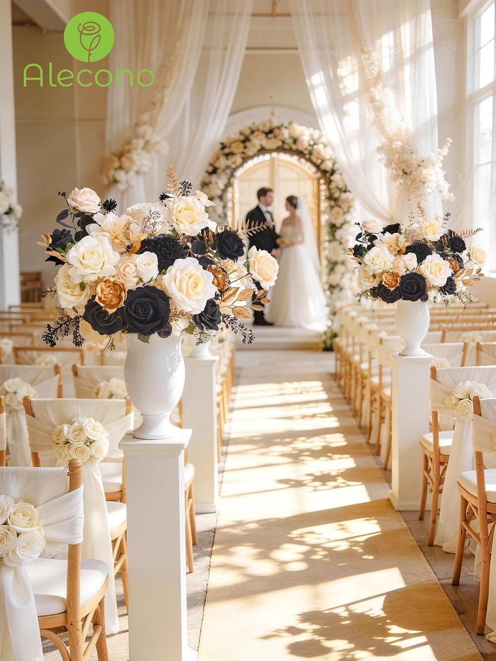 Alecono Silk Artificial Flowers, Black Champagne DIY Wedding Bouquet Set