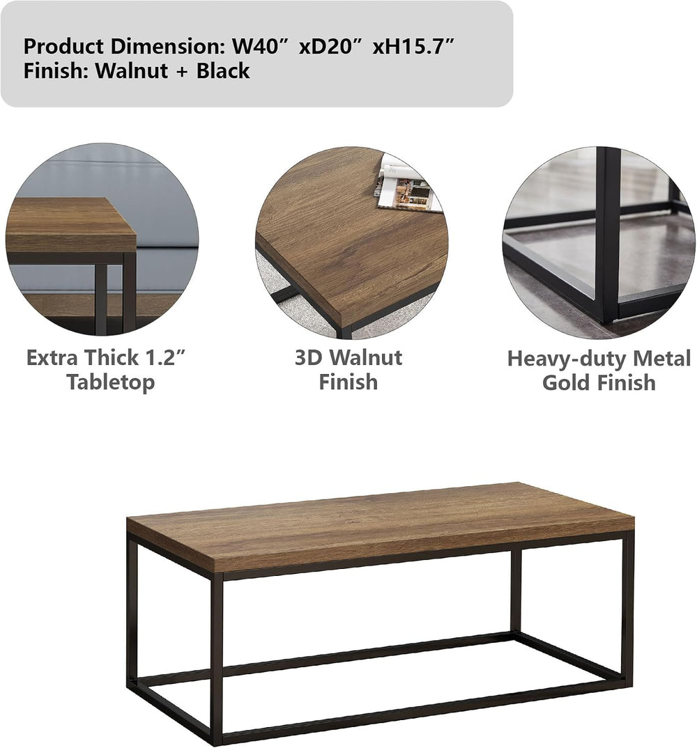 40" Dark Walnut Coffee Table, Extra Thick 1.2" Top, Medium Size