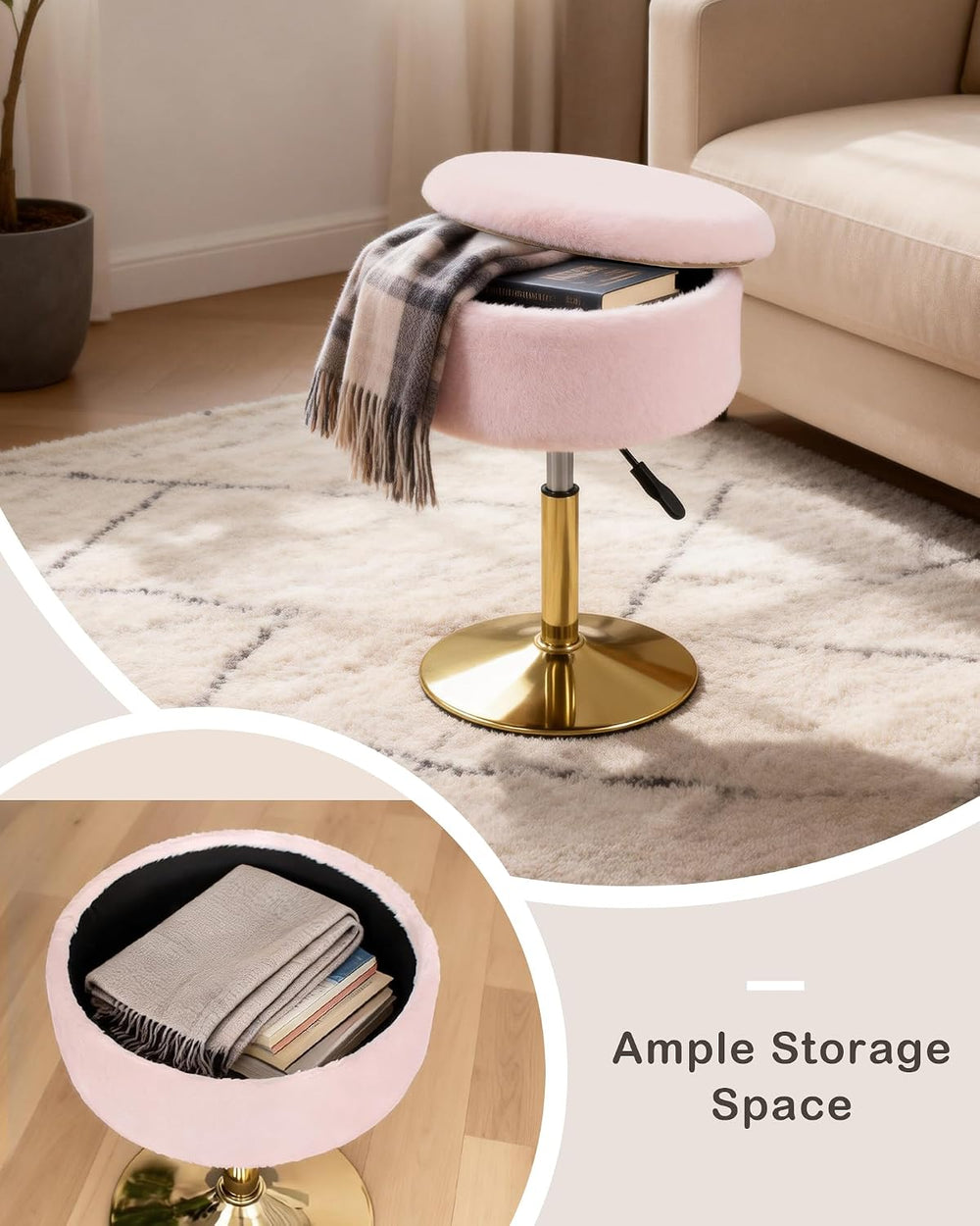 LITZFUR Gold Vanity Stool with Storage, Swivel Vanity Chair, Pink