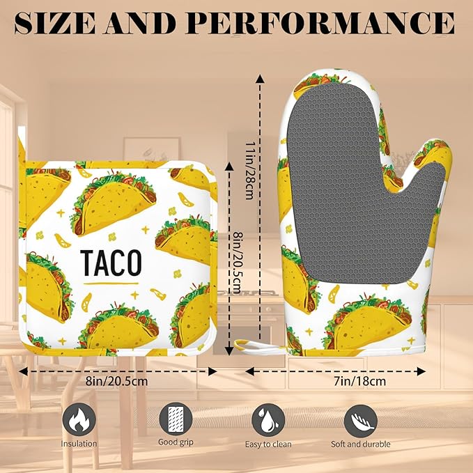 Taco Time Heat-Resistant Oven Mitts and Pot Holder Kitchen Non-Slip Silicone - Image 3