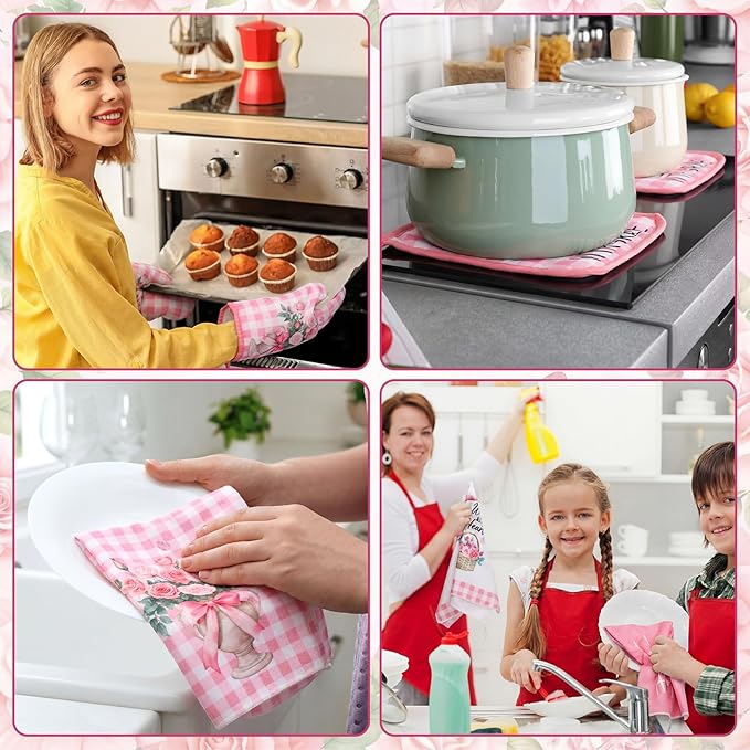 Fourluoo 10 Pcs Pink Rose Kitchen Decor Set Towels and Rugs Oven Mitts and Pot - Image 6