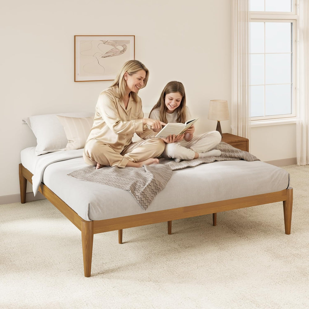 IOTXY Twin Platform Bed Frame - 16" Wood Mattress Foundation Base, Teak