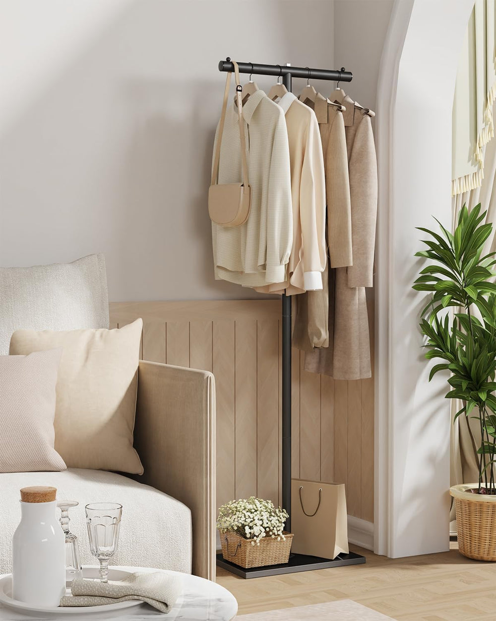 T-shaped Coat Rack Freestanding, Modern Clothes Rack with Rock Slab Base, Hea...