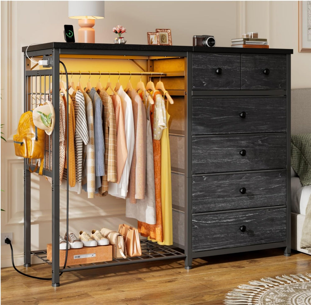 EnHomee 49.2" W Dresser with Hanging Rack & 6 Drawers, Grid Panel &a...