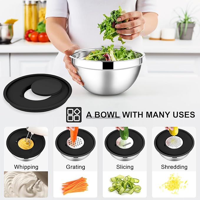 E-far Mixing Bowls with Lids Set, Size 7, Nesting Design & Black Airtight...