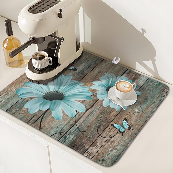 Teal Sunflowers Drying Mat 18x16 Inch, Summer Wooden Board Drying Mat - Image 7