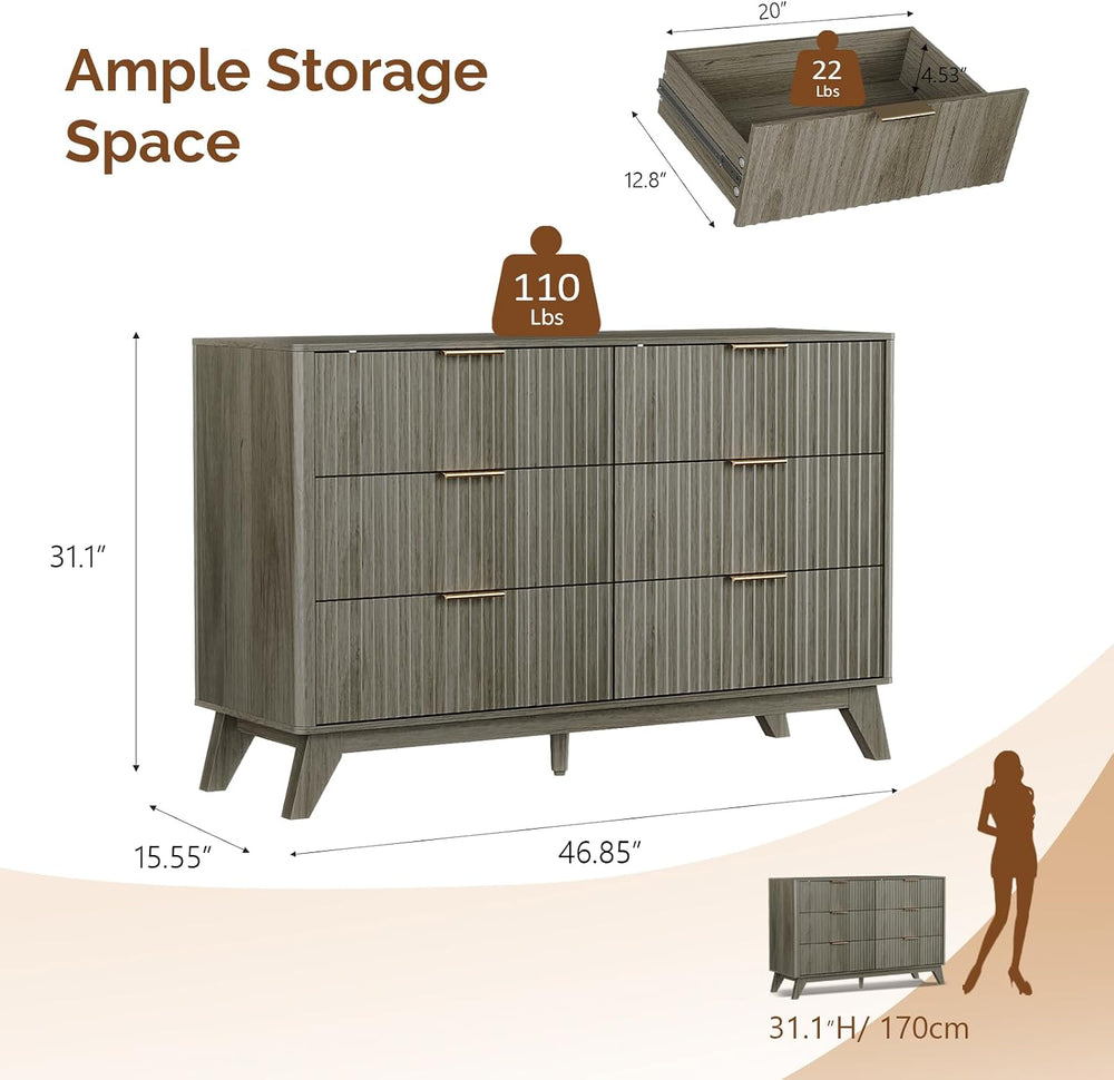 VINGLI Fluted Grey Dresser 6 Drawer Gray Dresser with Rounded Edges, Grey Dre...