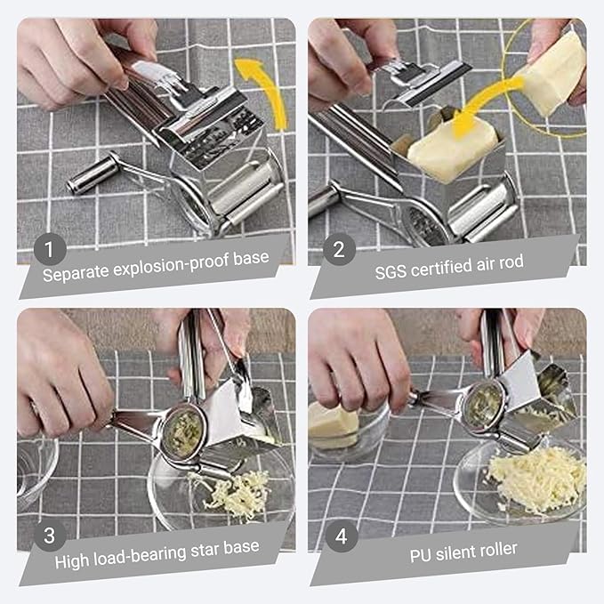 Handheld Cheese Grater Shredder, Stainless Steel | Effortless Hand Crank Rotary - Image 6