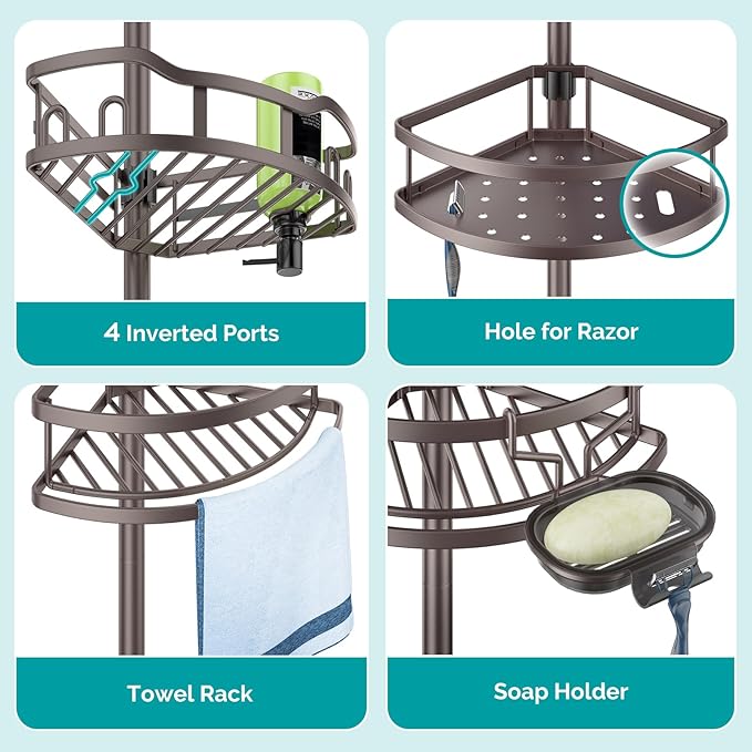 HAMITOR Corner Shower Caddy Tension Pole: Rustproof Stable 4-Tier Bathroom