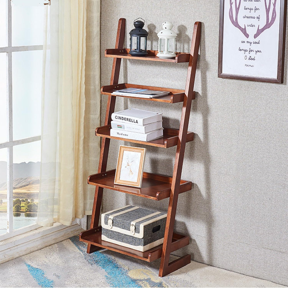 5-Tier Ladder Shelf, Minimalism Wood Ladder Bookshelf L-Shaped Leaning Storag...