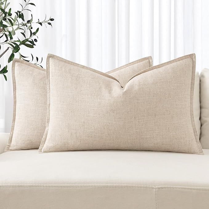MIULEE Decorative Linen Lumbar Pillow Covers 12x24 Inch Natural Beige Boho by MIULEE