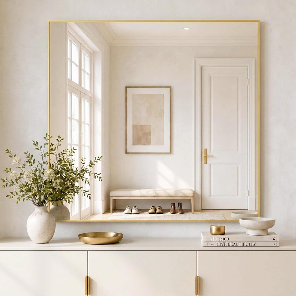 36x36 Inch Satin Gold Square Bathroom Vanity Wall Mirror