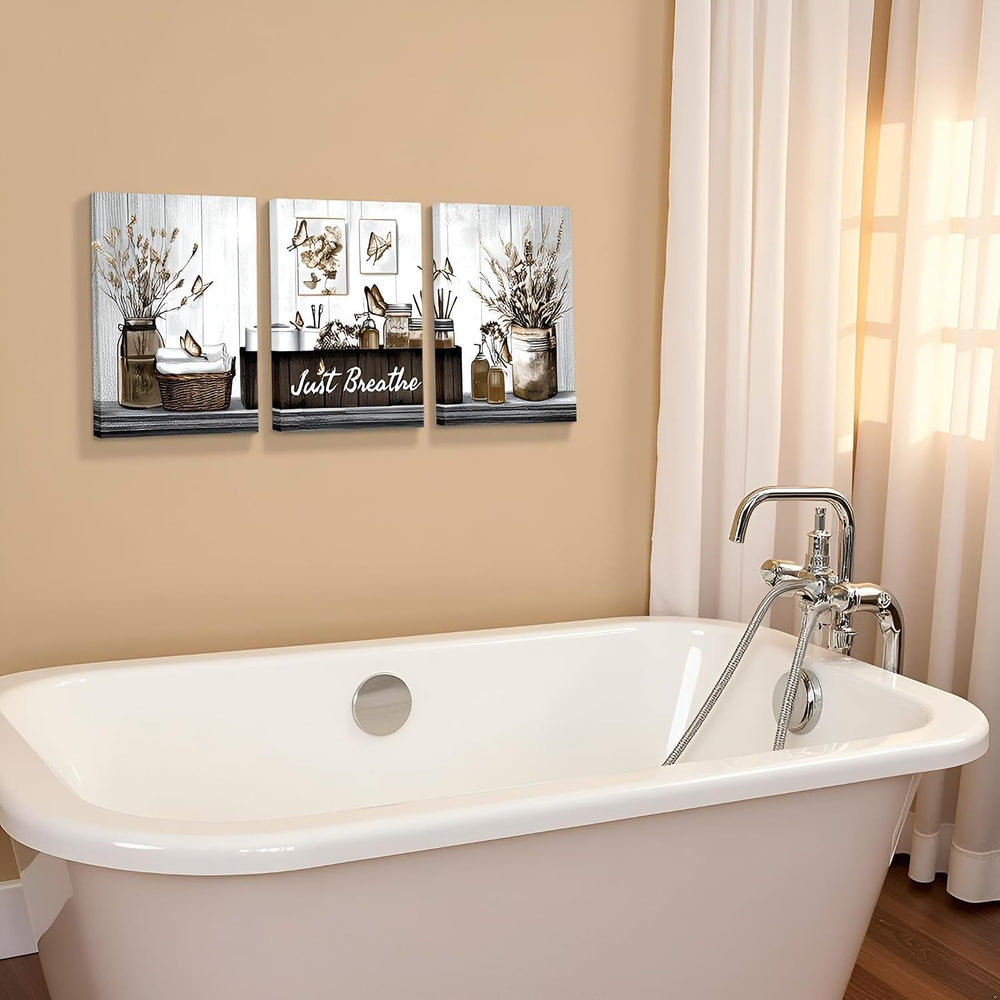 RnnJoile Brown Bathroom Decor Botanical Pictures Wall Art Just Breathe Sign C...