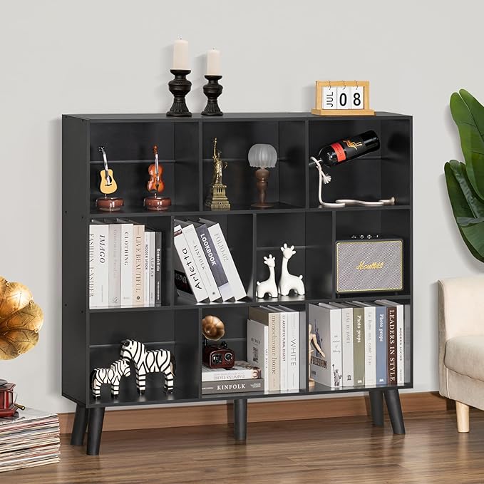 YAHARBO 10 Cube Bookshelf,3 Tier Bookcase with Legs,Black Mid-Century Modern ...
