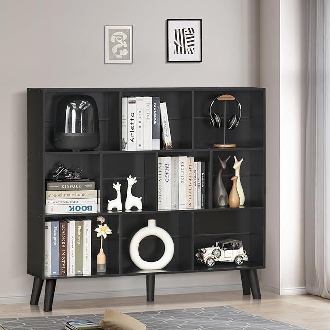 YAHARBO 10 Cube Bookshelf,3 Tier Bookcase with Legs,Black Mid-Century Modern ...