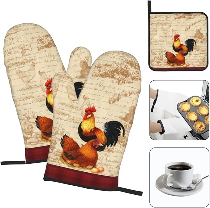 Retro Rustic Pot Holders and Oven Mitts Set of 3, Rooster Chicken Oven Gloves - Image 3