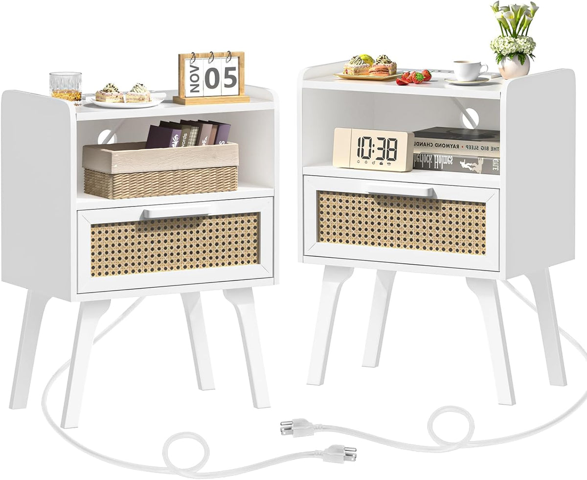 Lerliuo Rattan Nightstands Set of 2 with Charging Station, White Bedside Table with Drawer Open Shelf, Cane Accent Side End Table with Solid Wood Legs, Night Stand for Bedroom, Dorm and Small Spaces