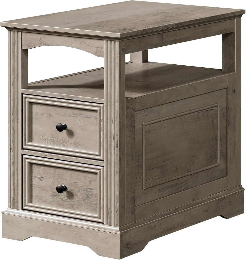 RALGEND Farmhouse End Table with 2 Drawers and Open Shelf, Greige