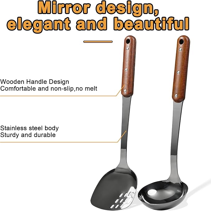 FJNATINH Stainless Steel Wok Spatula and Ladle Tool, Mirror Polished Cooking - Image 2