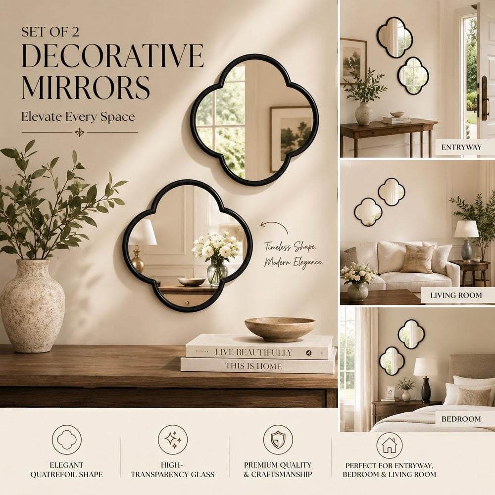 2 PCS Clover Mirror Wall Decor, Metal Framed Glass Mirror Tiles, Lucky Four L...