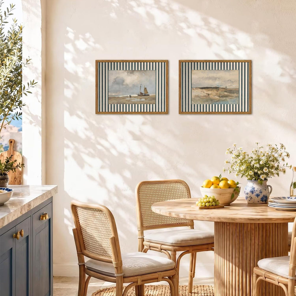 Framed Vintage Coastal Landscape Wall Art Set of 2, Retro Blue and White Stri...