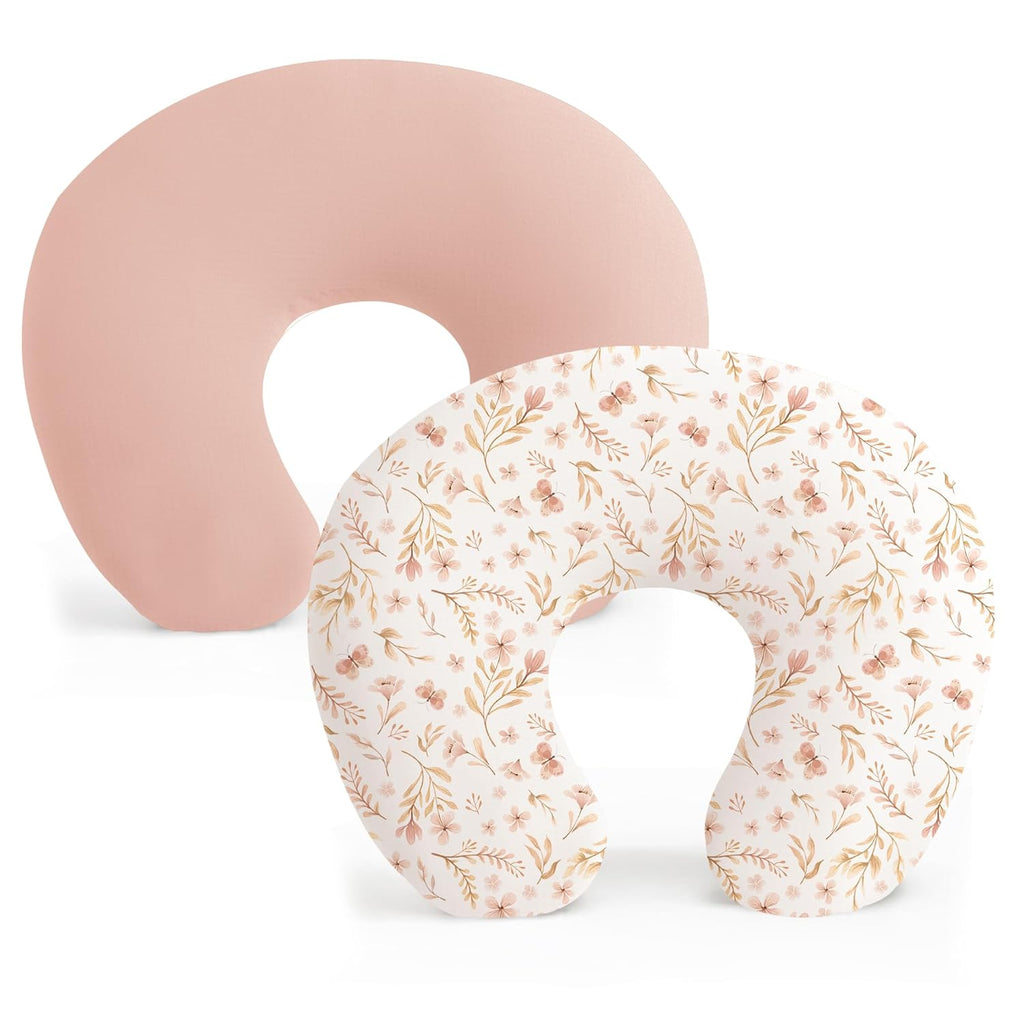 Konssy 2 Pack Nursing Pillow Covers, Soft Stretchy Cover for Breastfeeding | Covers Only, Milk Silk Fabric, Breathable & Machine Washable, Slipcovers for Newborn Baby Boy Girl, (Pink Spring,pink)