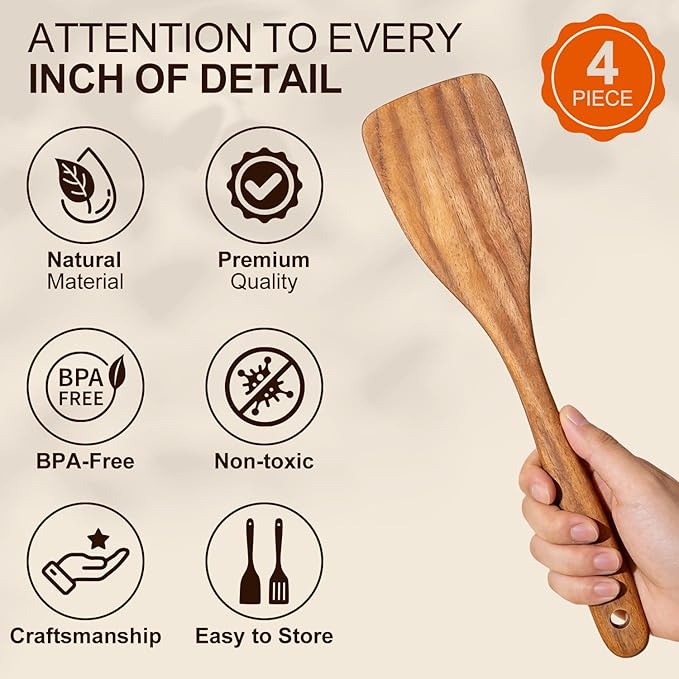4 Pcs Acacia Wooden Spatula Set Non Toxic Kitchen Utensil Set Slotted Turner - Image 5