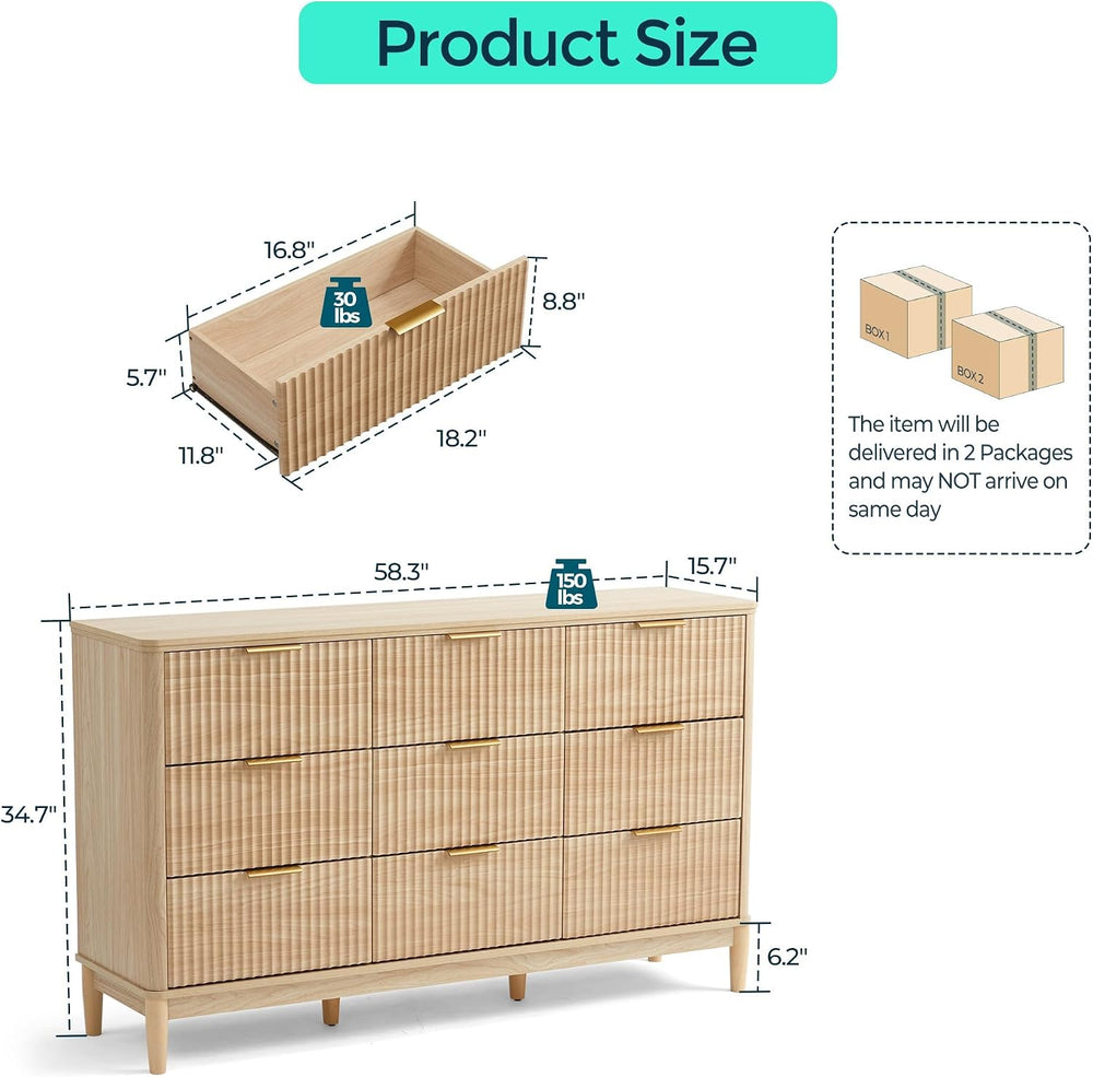 LINSY Fluted 9 Drawer Dresser for Bedroom, 58" Wide Mid-Century Modern T...
