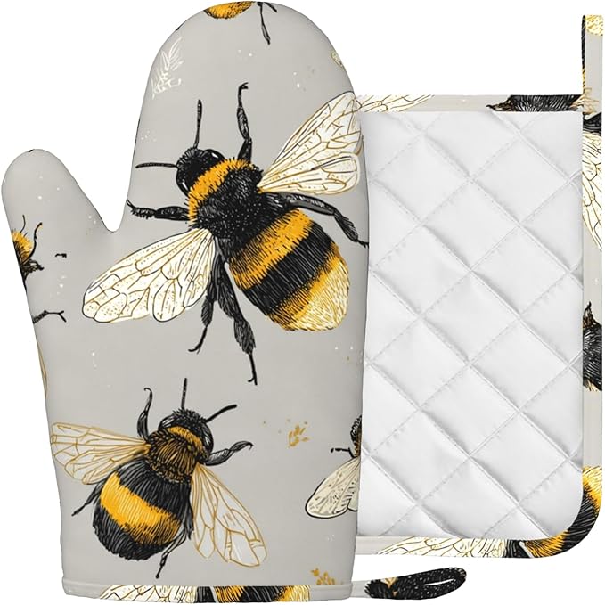 Happy Busy Bees Oven Mitts and Pot Holders Sets Non-Slip Silicone Surface - Image 2