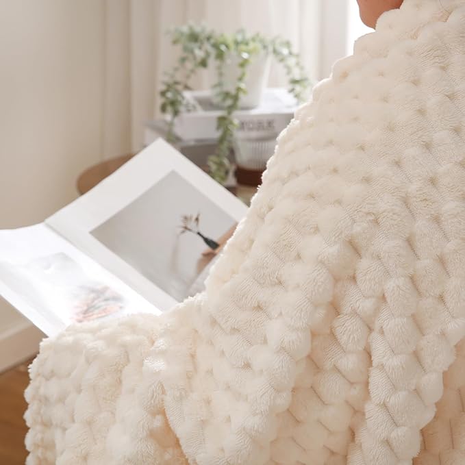Puncuntex Cream White Throw Blanket 60"×80" inches Fuzzy 3D Jacquard Decorative - Image 5