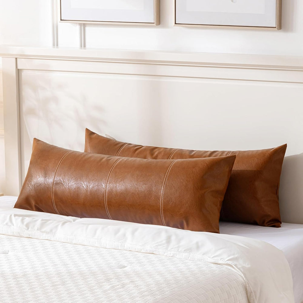 Fancy Homi Brown Boho Long Lumbar Faux Leather Body Decorative Throw Pillow C...