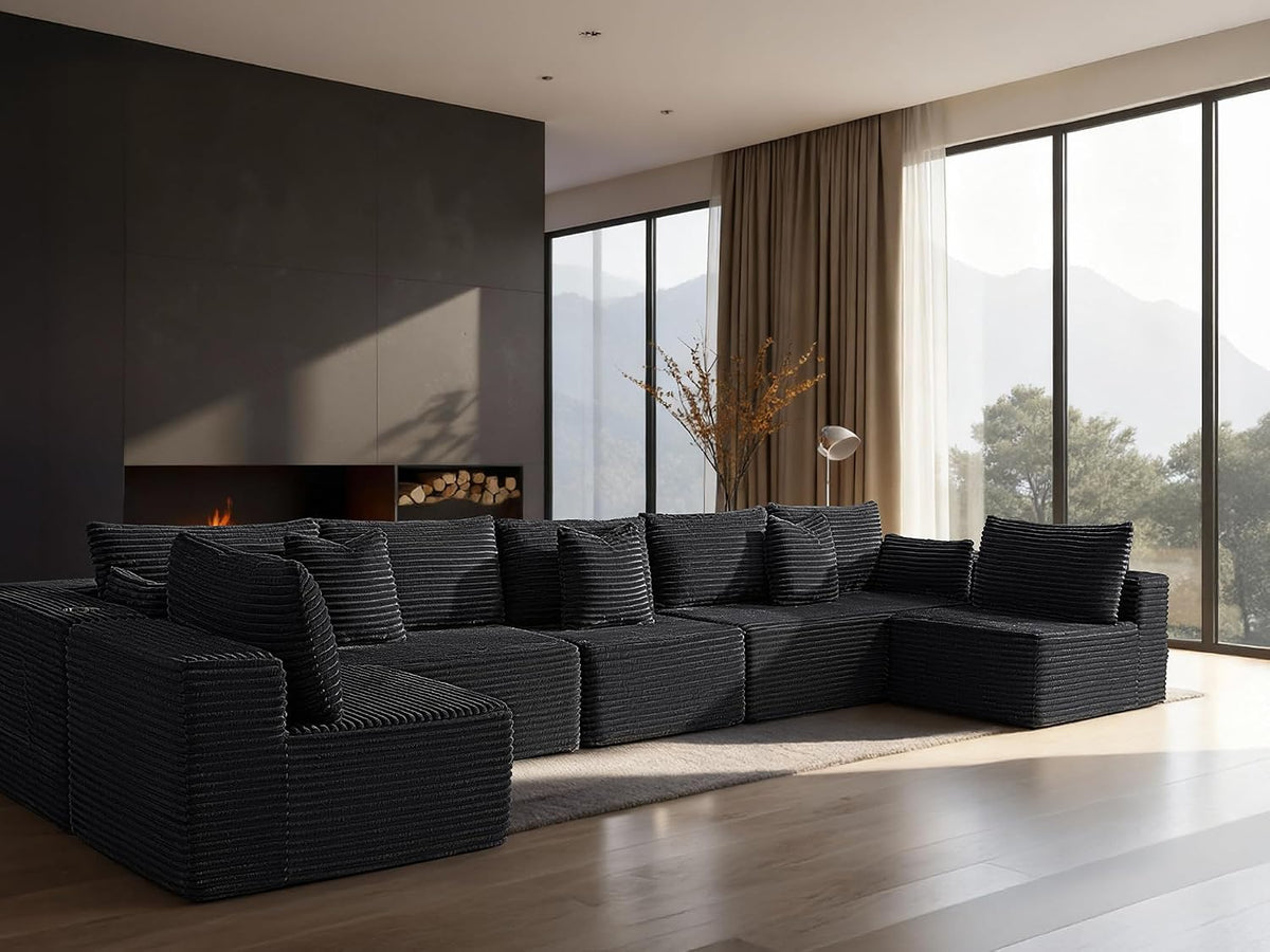 168" Cloud Sectional Couch, Comfort U Shaped Sofa for Living Room, Extra Deep Seats No Assembly, Minimalist Modular Couch, Corduroy (Black, 7 Seats,U-Shape B)