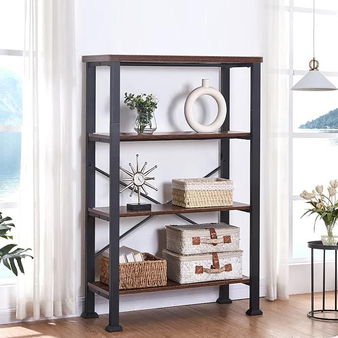 HOMBAZAAR 4 Tier Bookshelf,Rustic Brown Industrial Book Shelf,Engineered Wood...