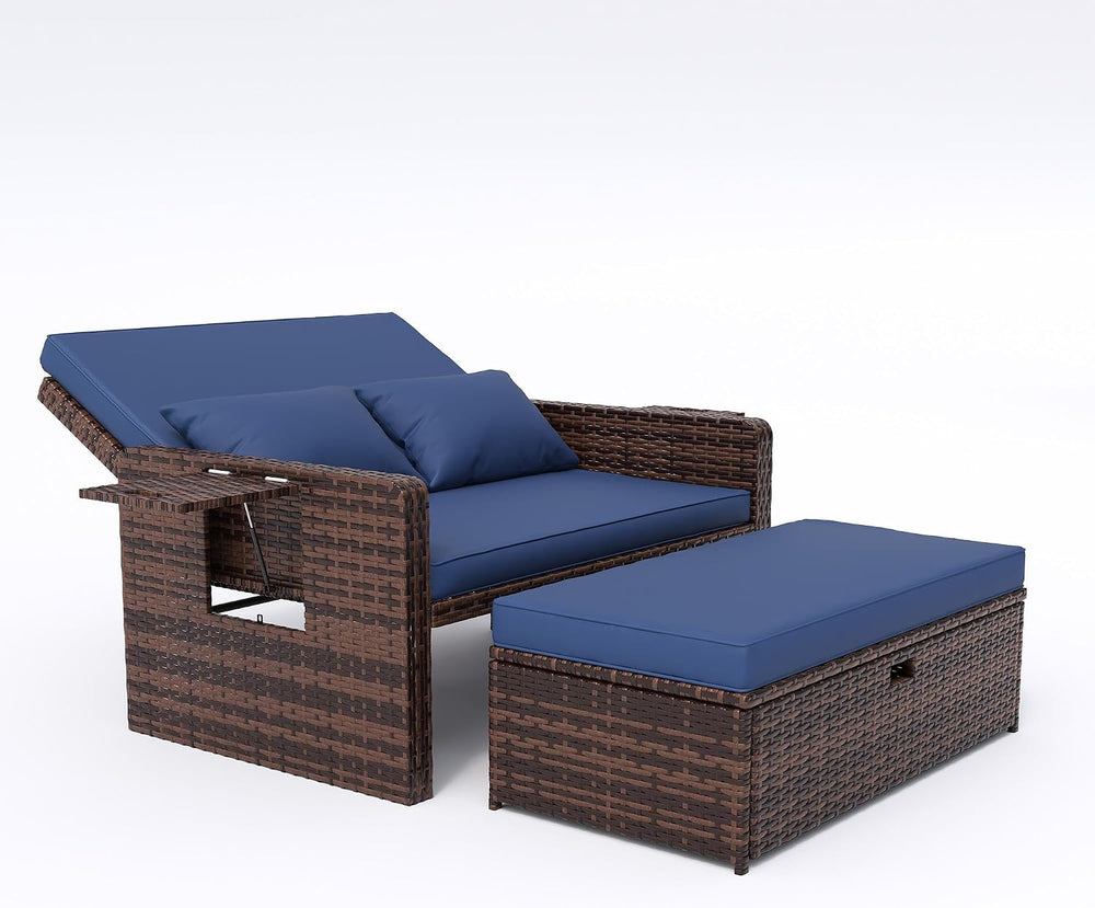 Amopatio Wicker Outdoor Daybed, Patio Daybed with Ottoman,Blue