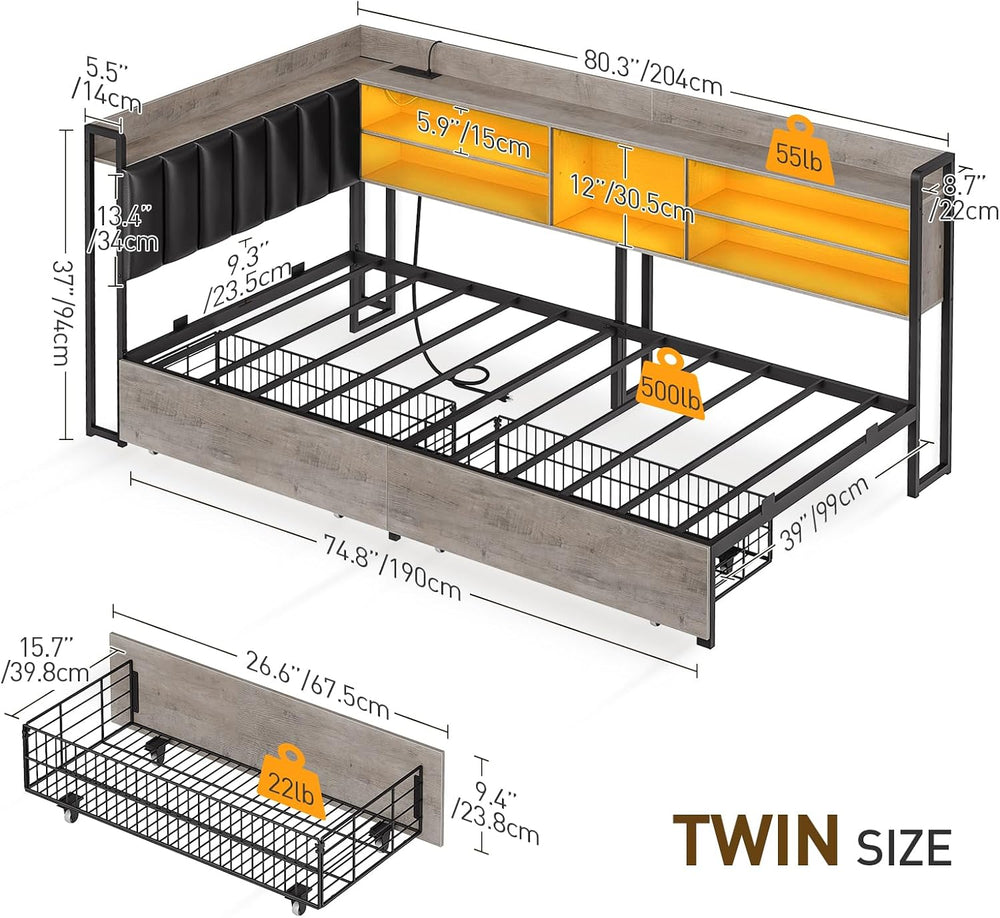 Twin Corner Bed Frame with Bookcase Storage and PU Upholstered, Twin Daybed w...