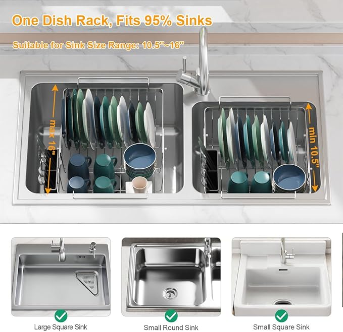 Expandable in Sink Dish Drying Rack, Adjustable Capacity Stainless Steel Over