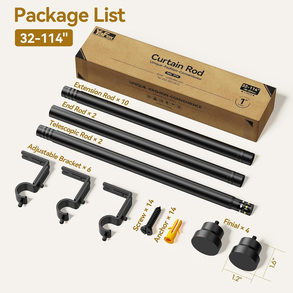 YaFex Curtain Rods 2 Pack 32-114 Inch, Heavy Duty 1 Inch Diameter Black