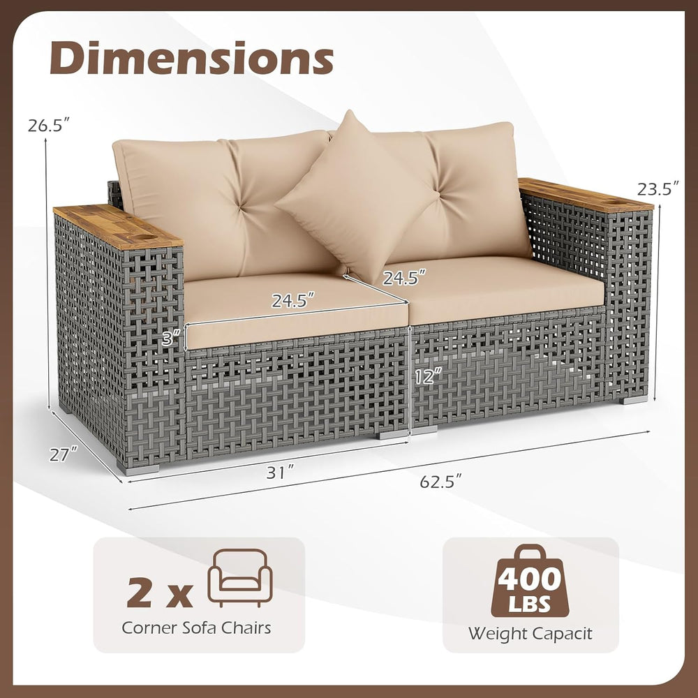 Tangkula 62.5" Patio Wicker Loveseat with Acacia Wood Armrest & Cup ...