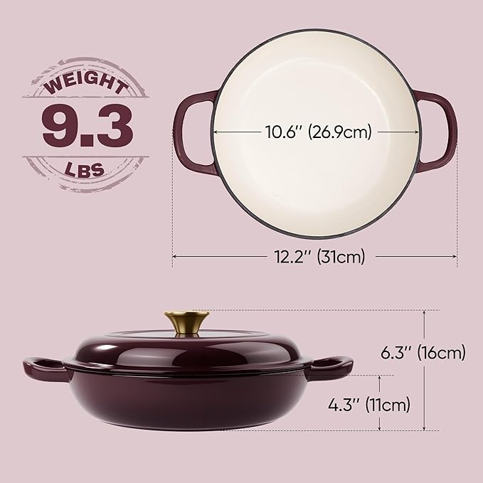 3 Quart Enameled Cast Iron Braiser, Non Stick Enameled Cast Iron Skillet - Image 3