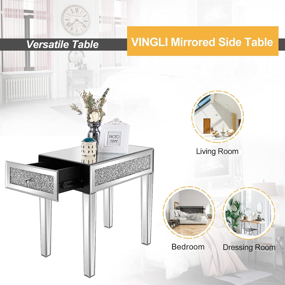 VINGLI Mirrored Narrow End Table Small Sofa/Couch/Bed Side Table with Storage...