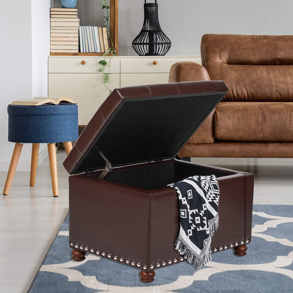 adeco button tufted accents rectangular pu leather storage shown in use