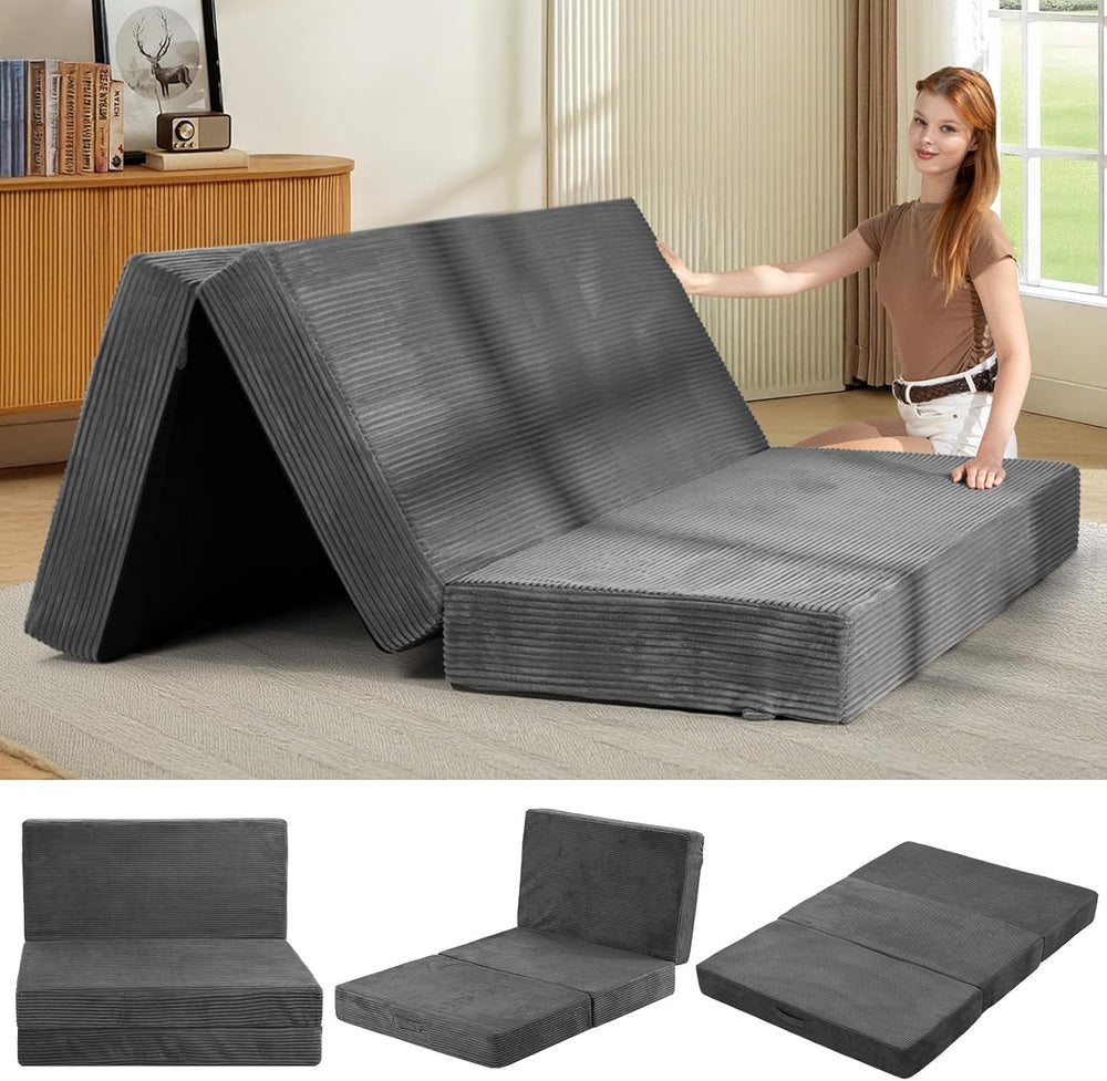 6-Inch Tri-Folding Mattress Queen Size - Foldable Futon Sofa Bed with Removab...
