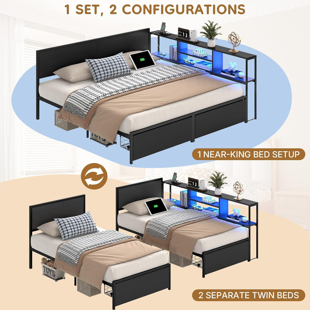 Zevemomo 2 Twin Bed Frames w/Storage Drawers, Wooden Headboard, Bookcase
