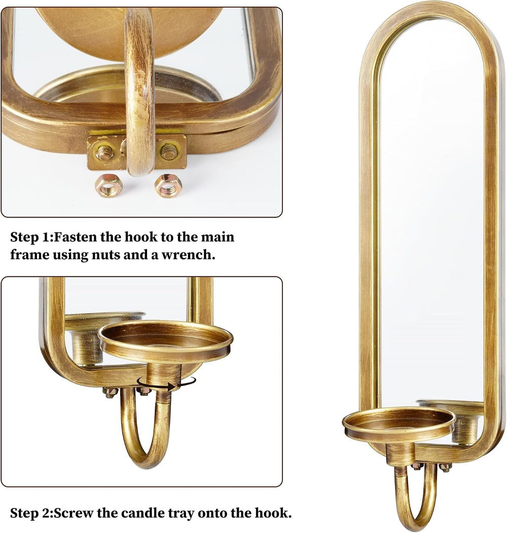 Wall Candle Sconces Arched Metal Candle Holder with Mirror Set