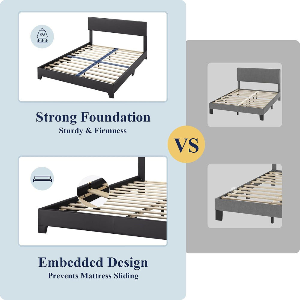 Allewie Full Size Faux Leather Bed Frame, Adjustable Headboard, Black